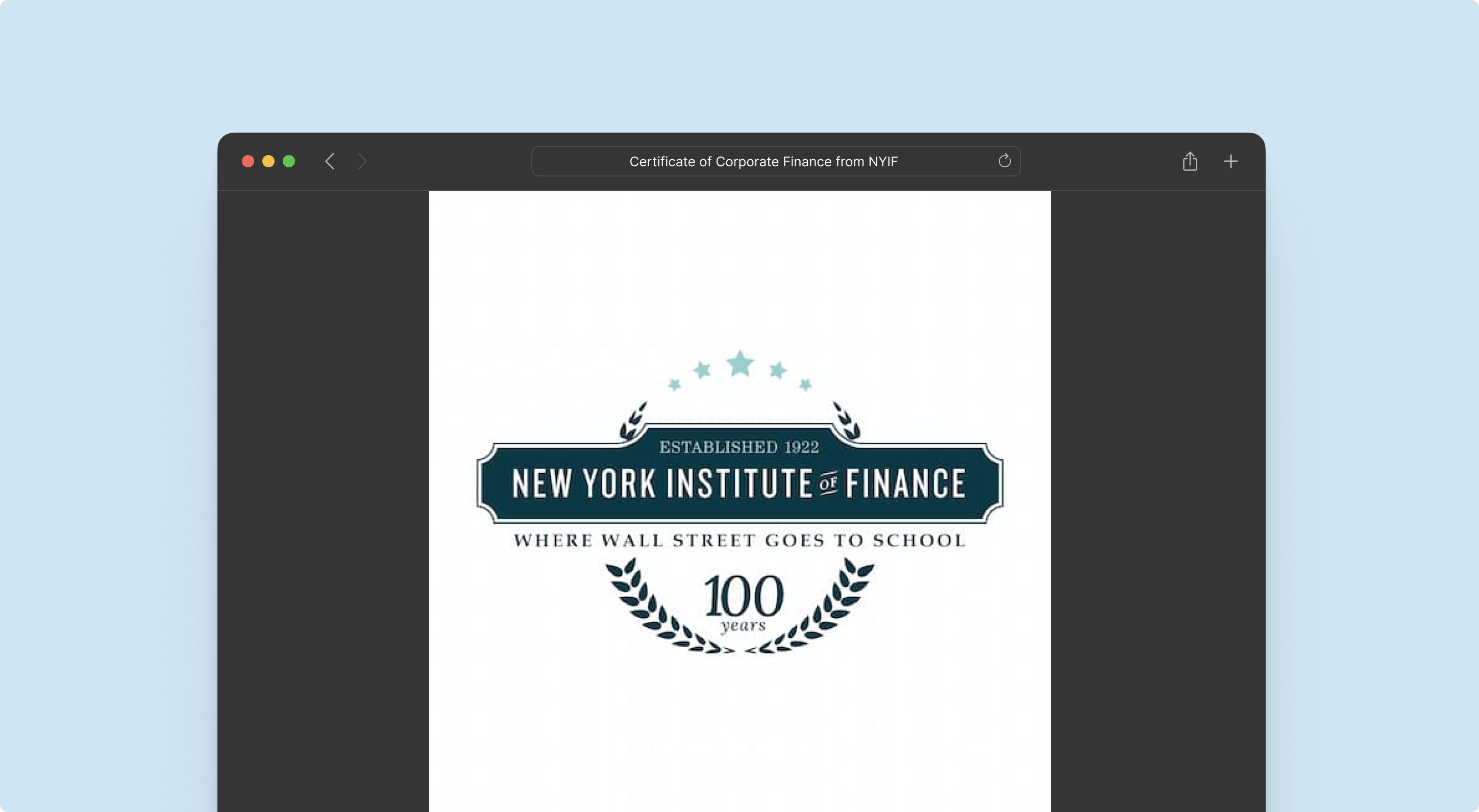 Certificate of corporate finance from nyif